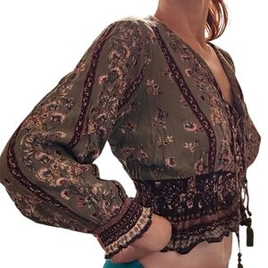Gypsy Love XL Girl Floral Green Blouse XS Women Boho Bohemian